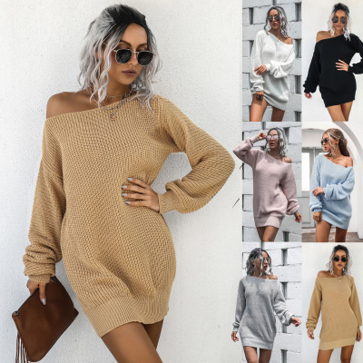 Our Popular Amazon Cross-Border Women's Clothing Autumn and Winter Dress European and American Leisure off-the-Shoulder Lantern Sleeve Knitted Sweater Dress