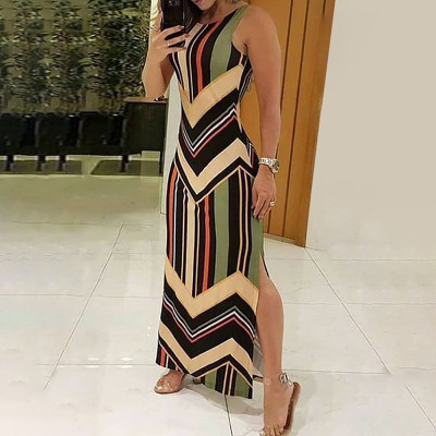 2021 Cross-Border New Arrival Amazon Wish Striped Print Slim Fit Sexy Split Maxi Dress Sleeveless Dress for Women