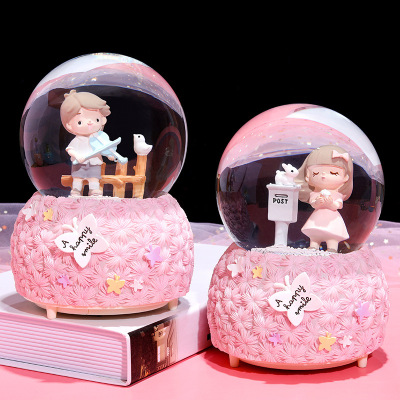 New Ins Girl Heart Dandelion Girl Crystal Ball Music Box Rotating Snow Send Girl Valentine's Day Gift