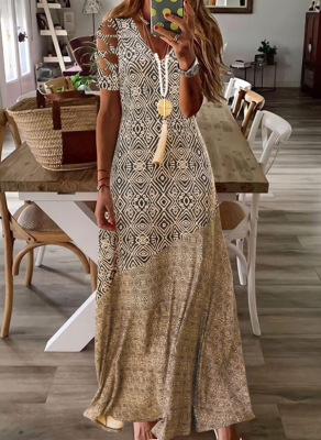In Stock AliExpress Wish Amazon EBay New Bohemian Vacation Skirt Short Sleeve Stitching Printed Dress