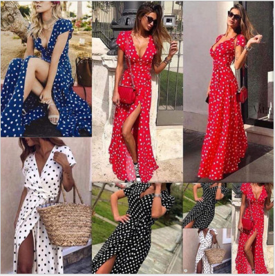 EBay European and American Women's Clothing Foreign Trade Popular Style Summer Short Sleeve V-neck Low Cut Print Polka Dot Dress 2020