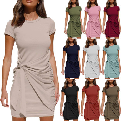 Amazon 2022 Spring/Summer New European and American Women's Clothing EBay Amazon Wish Supply Knotted Short Sleeve Dress for Women