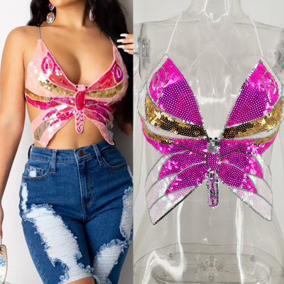 Sexy Small Vest Sling Butterfly Sequined Top European And American Foreign Trade Cross-Border Women 'S Clothing AliExpress Amazon New Hot