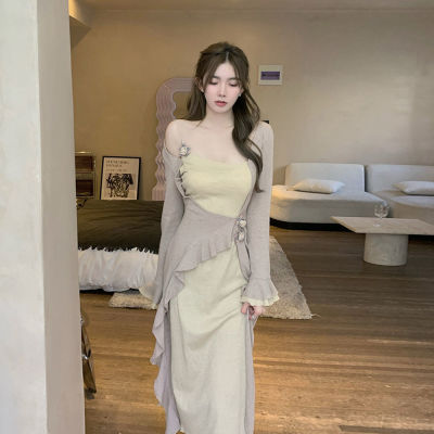 Pure Desire Style Dress Women's Autumn and Winter New Design Sense Ruffled Asymmetric Midi Dress Patchwork Waist-Slimming Skirt