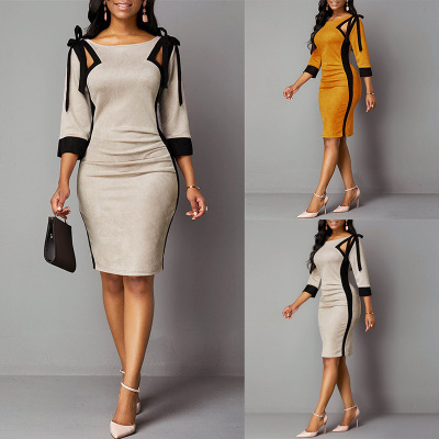 Cross-Border Supply 2022 European and American Women's Clothing Foreign Trade Three-Quarter Sleeve round Neck Hollow-out Commuter Professional Sheath Pencil Dress