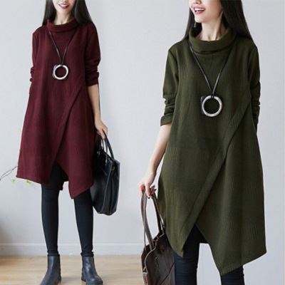 2020 Autumn and Winter New Large Size Women's Clothing Thickened Quilted Turtleneck Dress Korean Style Loose Slimming Mid Collar Dress