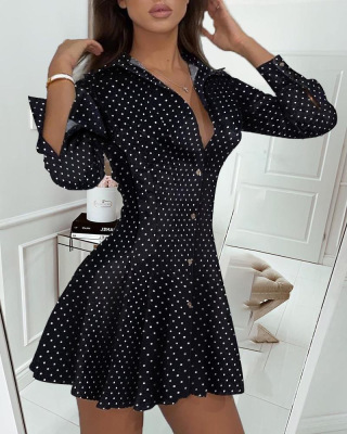 2020 European and American Autumn and Winter Amazon AliExpress Dotted Prints Pleated Black Long Sleeve Deep V Shirt Dress for Women