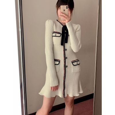 2021sp Autumn and Winter New French Ribbon Contrast Color Bow Ribbon Knitted White Wave Edge Dress Skirt