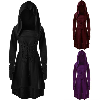 EBay Amazon Popular European and American Foreign Trade Women's Solid Color Holiday Performance Clothing Long Sleeve Hooded Tied Dress