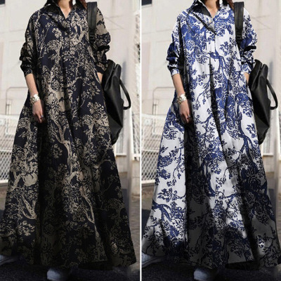Large Size Women's Clothing Amazon Autumn Printed Cotton and Linen Dress Retro Ethnic Style Clothes Loose Long Sleeve Large Swing Dress