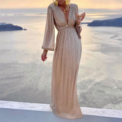 2022 European and American Foreign Trade Cross-Border Women's Clothing Dress Amazon Apricot Fashion V-neck Long Sleeve Sequins Dress