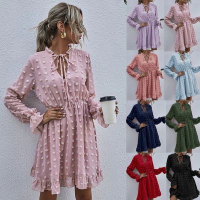 Spot Factory Direct Supply Europe and America Cross Border Independent Station Wish2021 Spring and Summer Long Sleeves High Waist Temperament Commuter Dress