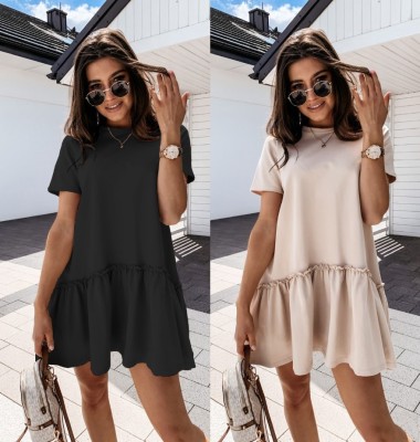 2020 AliExpress New Summer Solid Color Short Sleeve Home Loose Round Neck Ruffled Dress Women 'S Clothing