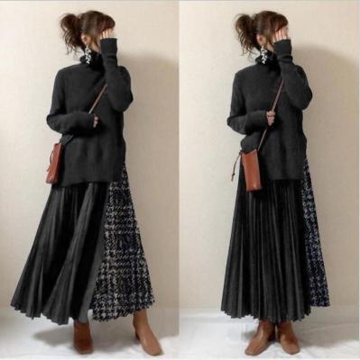 Cross-Border Hot Dress Autumn and Winter New Japanese and Korean Women's Fashion Stitching Two-Piece Suit Knitted Women's Dress in Stock