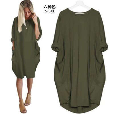 Factory Direct Sales Wish AliExpress Foreign Trade Women's Clothing Casual Loose Pockets Long Sleeve plus Size Full-Figured Girls' Dress
