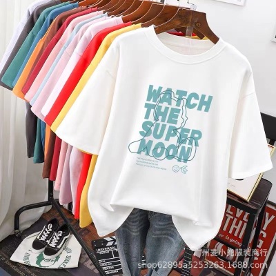 Foreign Trade Wholesale 2022 Korean Summer Short-Sleeved T-shirt Female Letters Printed Crew Neck Top Loose plus Size Women's Clothing Tide