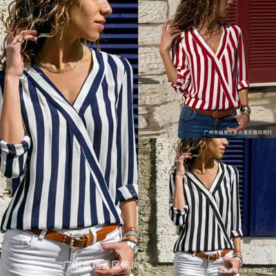 Fall Base Short Pullover Foreign Trade Women's Clothing Cotton Temperament Commute Striped Black Long Sleeve Ethnic Style Fashion Shirt