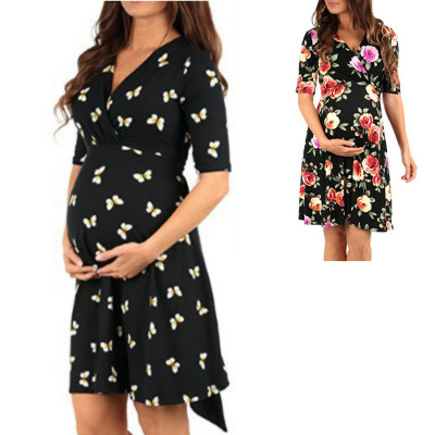 European and American Women's Clothing Amazon Wish2020 Summer New Lace-up Loose plus Size Print Maternity Dress for Women