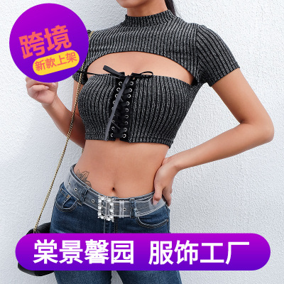 2021 European and American Foreign Trade Women's Clothing AliExpress Summer New Sexy Hollow out Strap Slim Fit Midriff-Baring Fil-Lumiere T-shirt Women