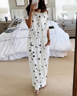 2020 Amazon AliExpress European and American New Best Selling Women's Clothes Star Moon Print Short Sleeve and Long Pattern Dress