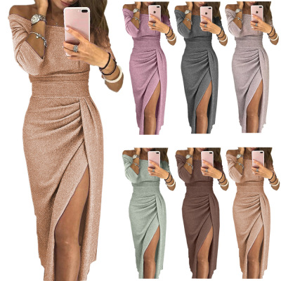 European and American Amazon EBay Women's Sheath Slit off-Neck Dress Shiny Dress Dinner Dress