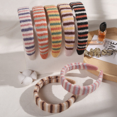 Simple Striped Patchwork Wool Headband Autumn and Winter Warm Sticky Series Headband Hair Fixer Wide Edge Retro Barrettes Wholesale
