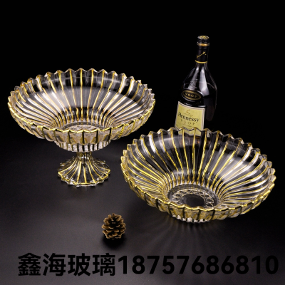Gold Tracing Line High-End Crystal Fruit Plate Glass Sugar Bowl Glass Fruit Plate with Base Golden Edge Luxury Gold Tracing Fruit Plate