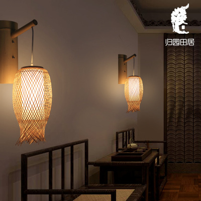 Farmhouse Wall Lamp Pastoral Bedroom Bedside Lamp Creative New Chinese Corridor Aisle Door Lamp Bamboo Wooden Tea Room Wall Lamp