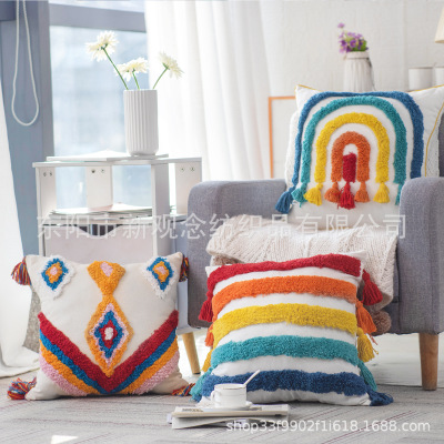 Winter Embroidery Tufted Embroidered Pillow Cover Geometric Rhombus Cushion Cover Rainbow Moroccan Tassel Tassel Pillow