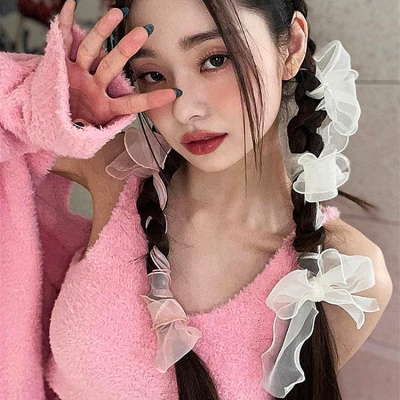 Song Zhiya Same Style Mesh Headband Tied Hair Super Girl Braided Hair High-Grade Bow Barrettes Korean Ribbon Headdress