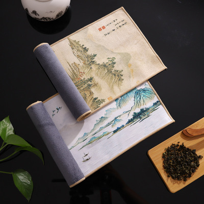 Wanyou Factory Wholesale High-Grade Suede National Fashion Ancient Style Painted Tea Towel Thick Absorbent Can Be Used as Tea Mat Tea Cloth