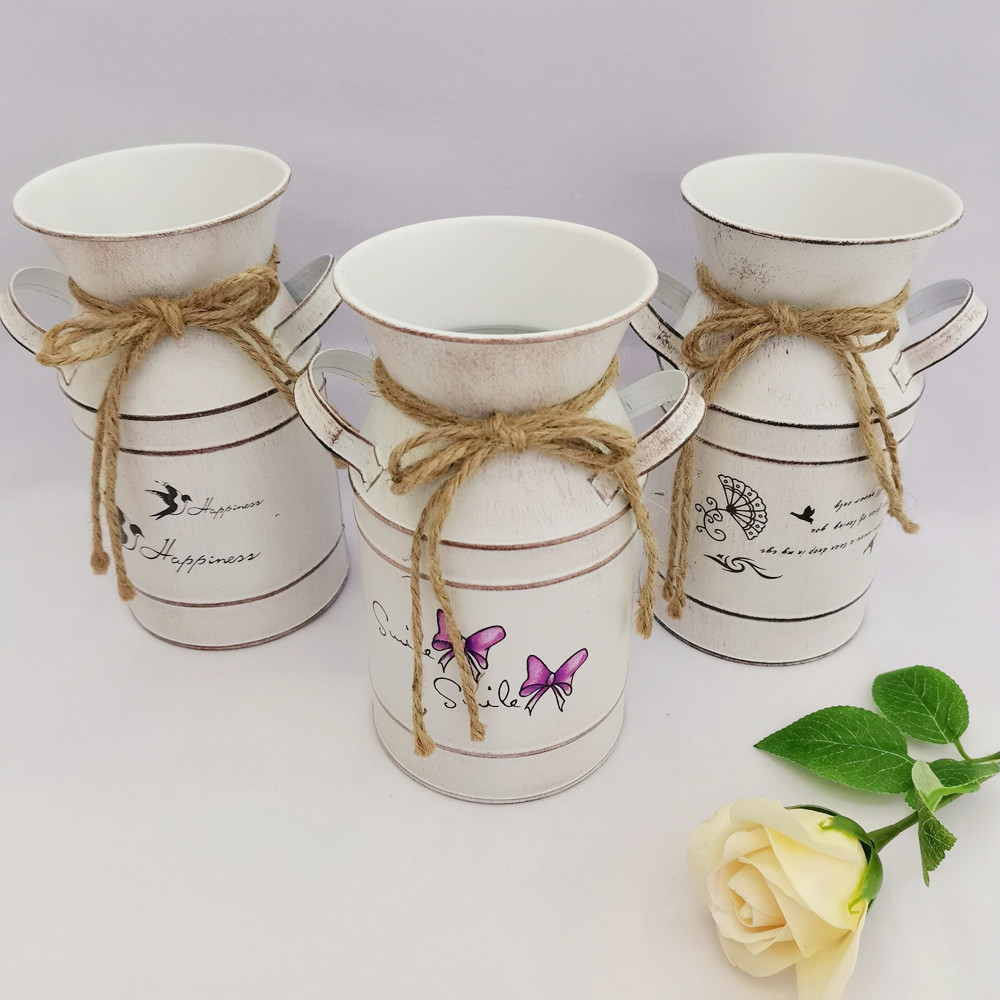 做旧复古白色随机图案插花器园艺插花花瓶金属工艺插花装饰摆件