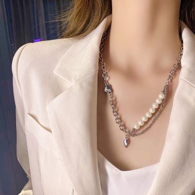 INS Trendy Elegant Personality Pearl Titanium Steel Necklace Women's Hong Kong Style Fashionable All-Match Clavicle Chain Cold Style Lovely Pendant