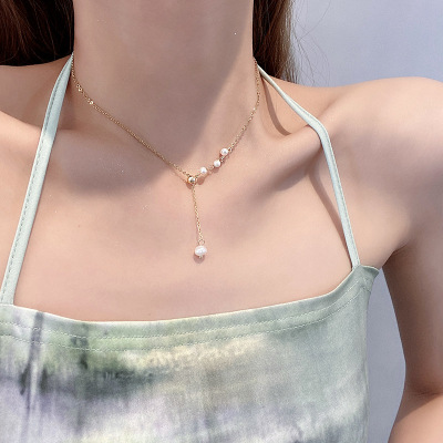 Korean Style Fashionable Simple Titanium Steel Necklace for Women Ins Style Trendy Short Pearl Necklace Cold Style Retro Trendy Pendant