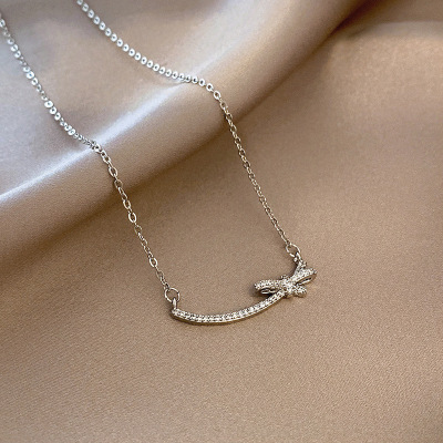 Bow Zircon Necklace for Women 2021 New Design Titanium Steel Pendant Ins Cold Style High-Grade Clavicle Chain