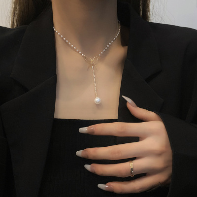 Dongdaemun Fashion Pearl Necklace Female Bow Retro Easy Matching Clavicle Chain Personality Trend Ins Design Pendant