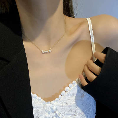 Korean Dongdaemun Fashion Letter Zircon Titanium Steel Necklace Women's Cold Style Design Clavicle Chain Personality Trendy Pendant