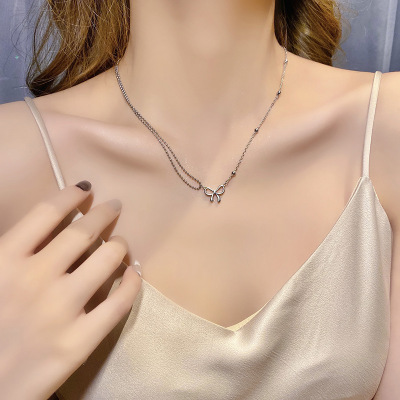 Minority Simple Retro Trendy Titanium Steel Necklace Female Personalized Hip Hop Bow Clavicle Chain Cold Style Ball Pendant