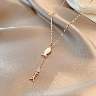 Korean Style Ins Style S · S · Xiao Yu Fritillary Titanium Steel Necklace Female Personality Simple Fishbone Pendant Cold Style Clavicle Chain