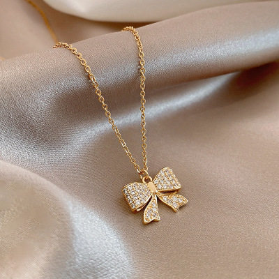 Light Luxury Minority Design Necklace for Women Simple Graceful Zircon Clavicle Chain Trendy Korean Style Bow Cold Style Pendant