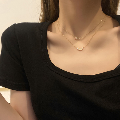 Dongdaemun Simple Double-Layer Titanium Steel Necklace Women 'S Cold Style Retro Trendy Clavicle Chain Internet Celebrity Twin Pendant Wholesale