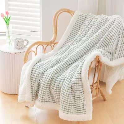 Wholesale Back Printing Cut Flower Plaid Blanket Lambswool Double Layer Blanket Coral Fleece Office Lunch Break Air Conditioning Blanket