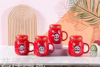 Red Festive Cup Panda Mug Ceramic Cup Coffee Cup Water Cup Vacuum Cup.