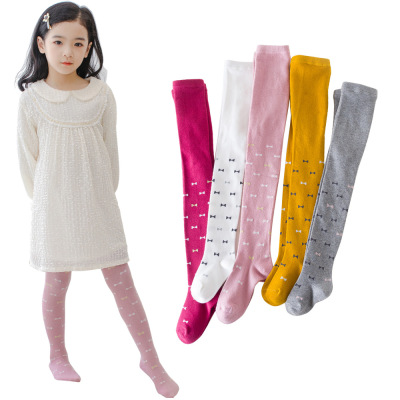 Spring and Autumn Girls' Pantyhose Combed Cotton Boneless Hand-Stitched Stretch Leggings Gold and Silver Silk Bow Long Socks