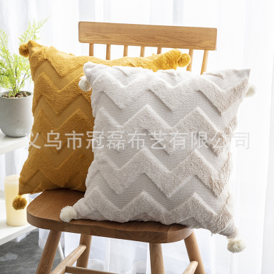 Cross-Border Wave Plush Pillow Quilted Rabbit Fur Pillow Cover Fur Ball Pillowcase Simple Sofa Cushion Cushion Waist Pillow