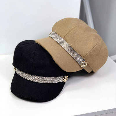 Rhinestone Woolen Octagonal Cap Look Small Beret Female Fashion Ins Navy Hat Female Autumn and Winter British Wild European and American