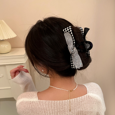 Korean Simple Rhinestone Black and White Lattice Pattern Bow Claw Clip Sweet Hairpin Back Head Plate Shark Clip Hair Accessories