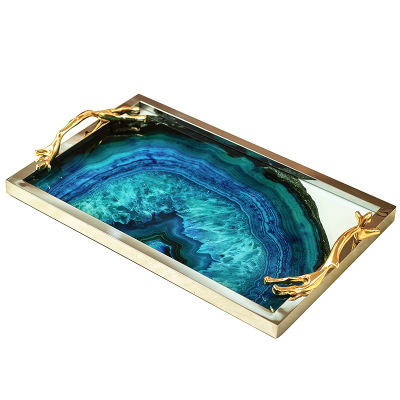Nordic Light Luxury Electroplated Metal Glass Storage Tray Blue Agate Stone Pattern Tray Sample Coffee Table Storage Tray