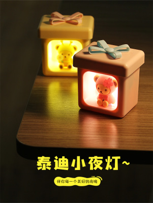 Gift Box Teddy Small Night Lamp Rechargeable Desktop Bedroom Warm Small Night Lamp Wholesale K