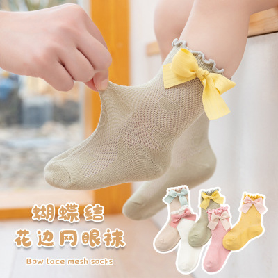 Mesh Breathable Mid-Calf Socks Baby Girl Children's Wooden Ear Bow Socks Spring and Summer Thin Baby Socks Class A